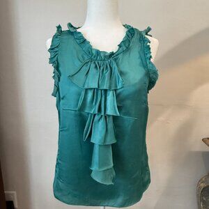 Milly of New York Sleeveless Silk Top Blouse with Ruffles Accents Blue Teal
